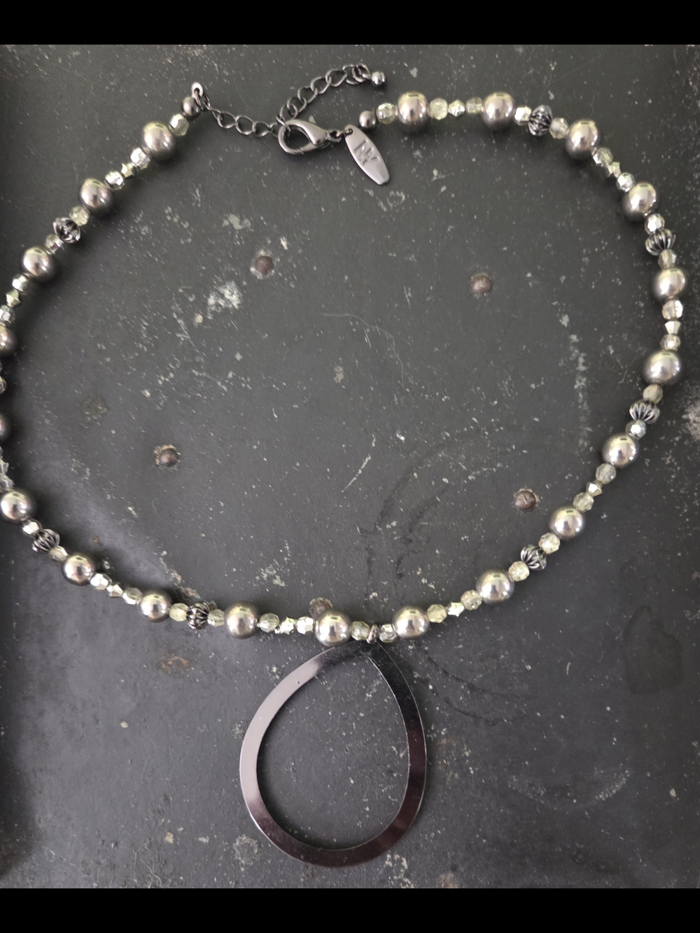 VINTAGE NY Collection Metallic Black Beaded Necklace with Teardrop Pendant